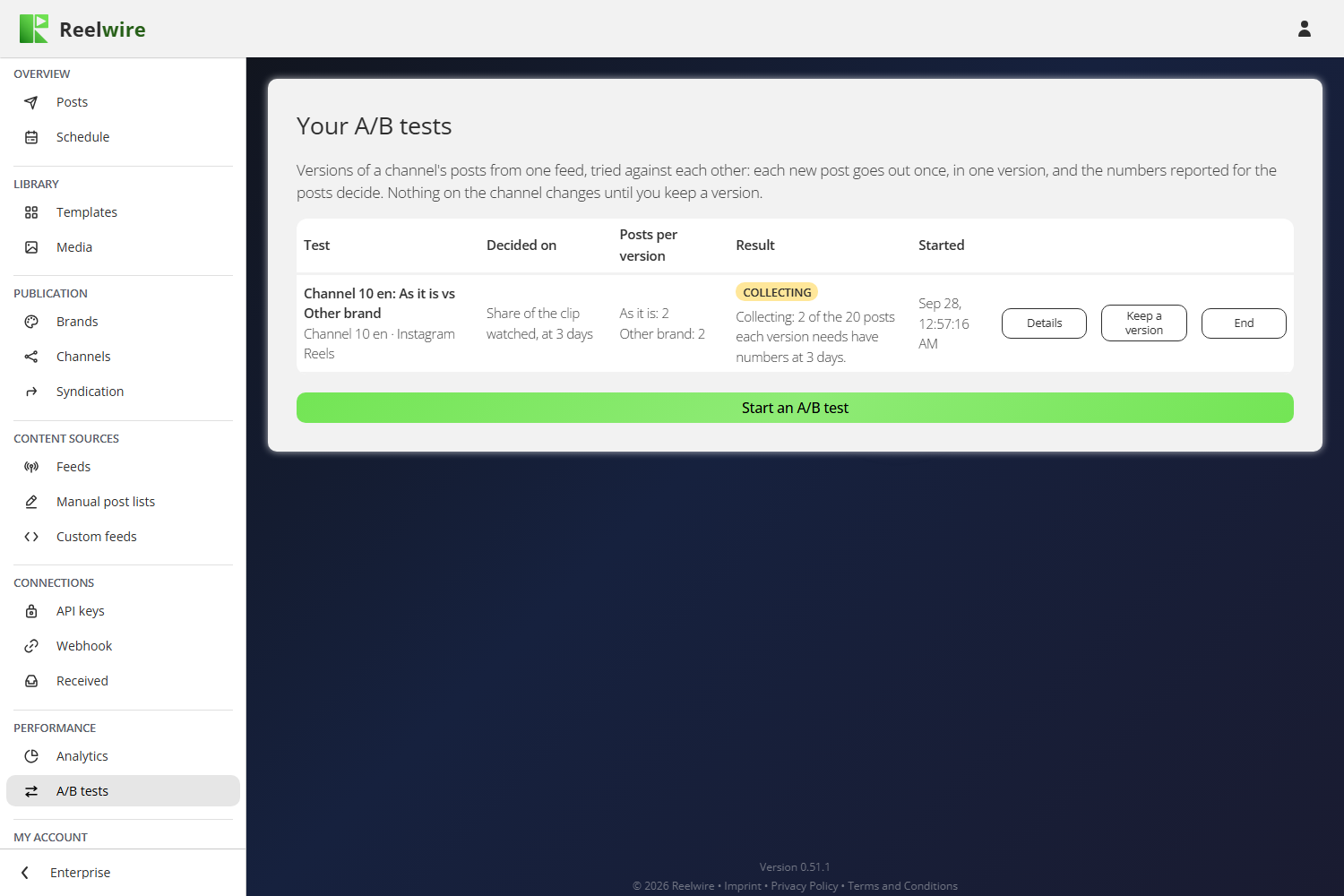 The A/B tests screen