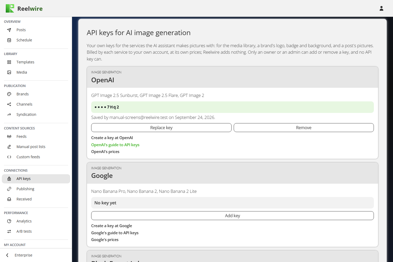 The API keys for AI image generation card