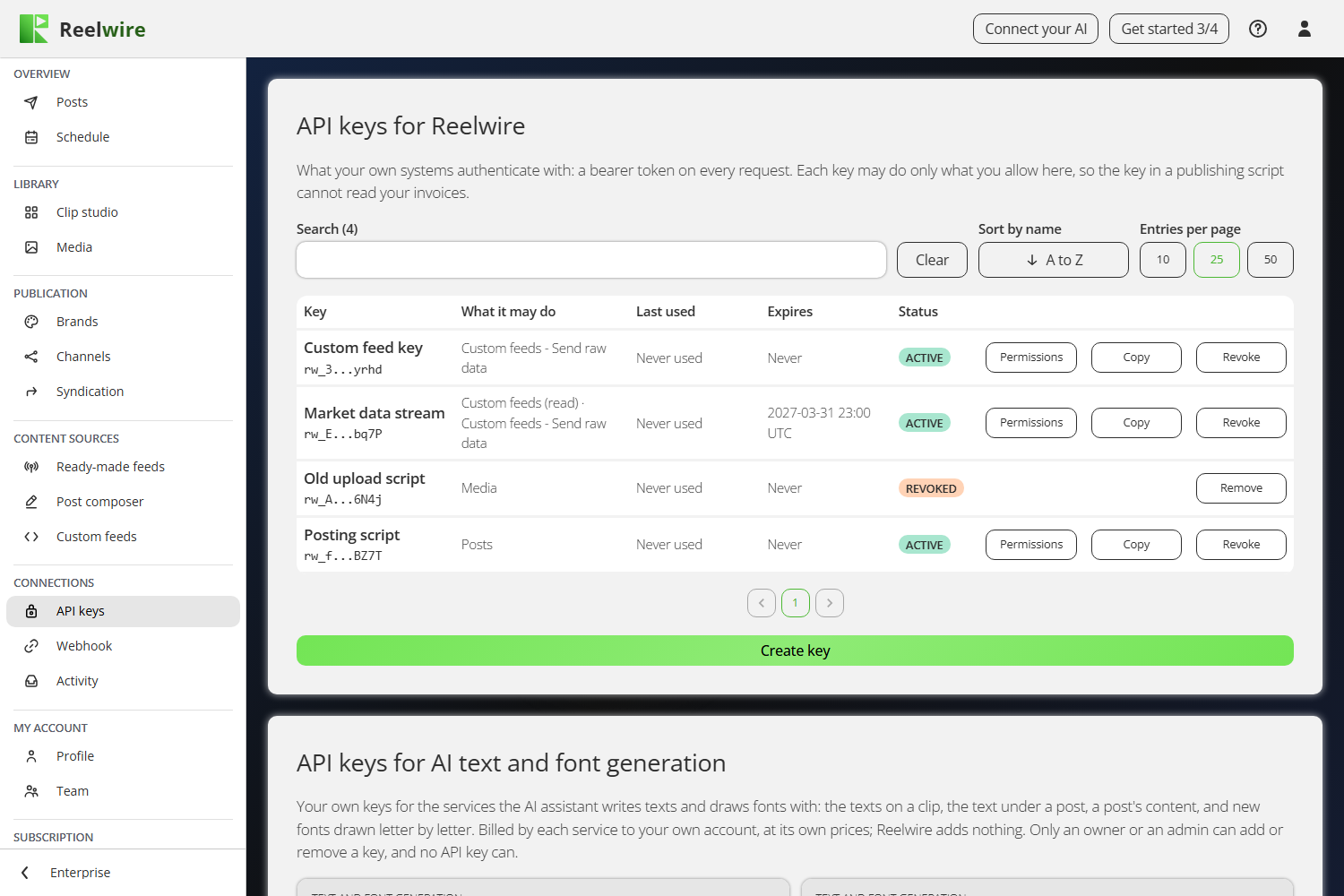 The API keys for Reelwire card