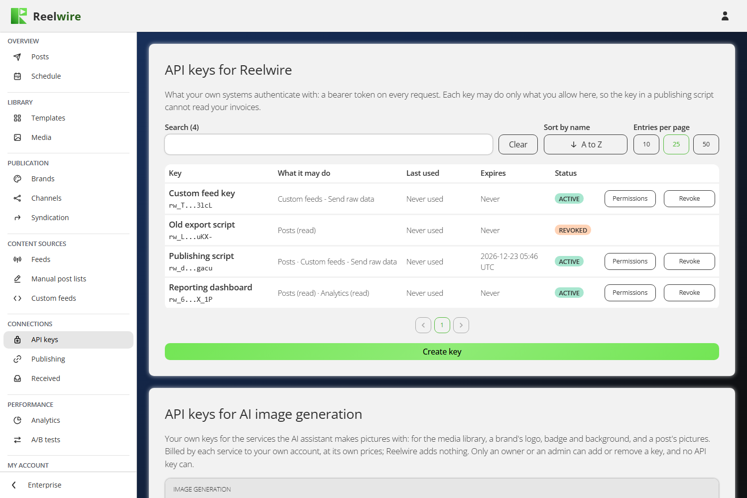 The API keys for Reelwire card