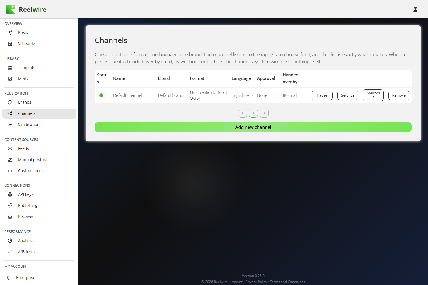 The Channels screen, one row per account