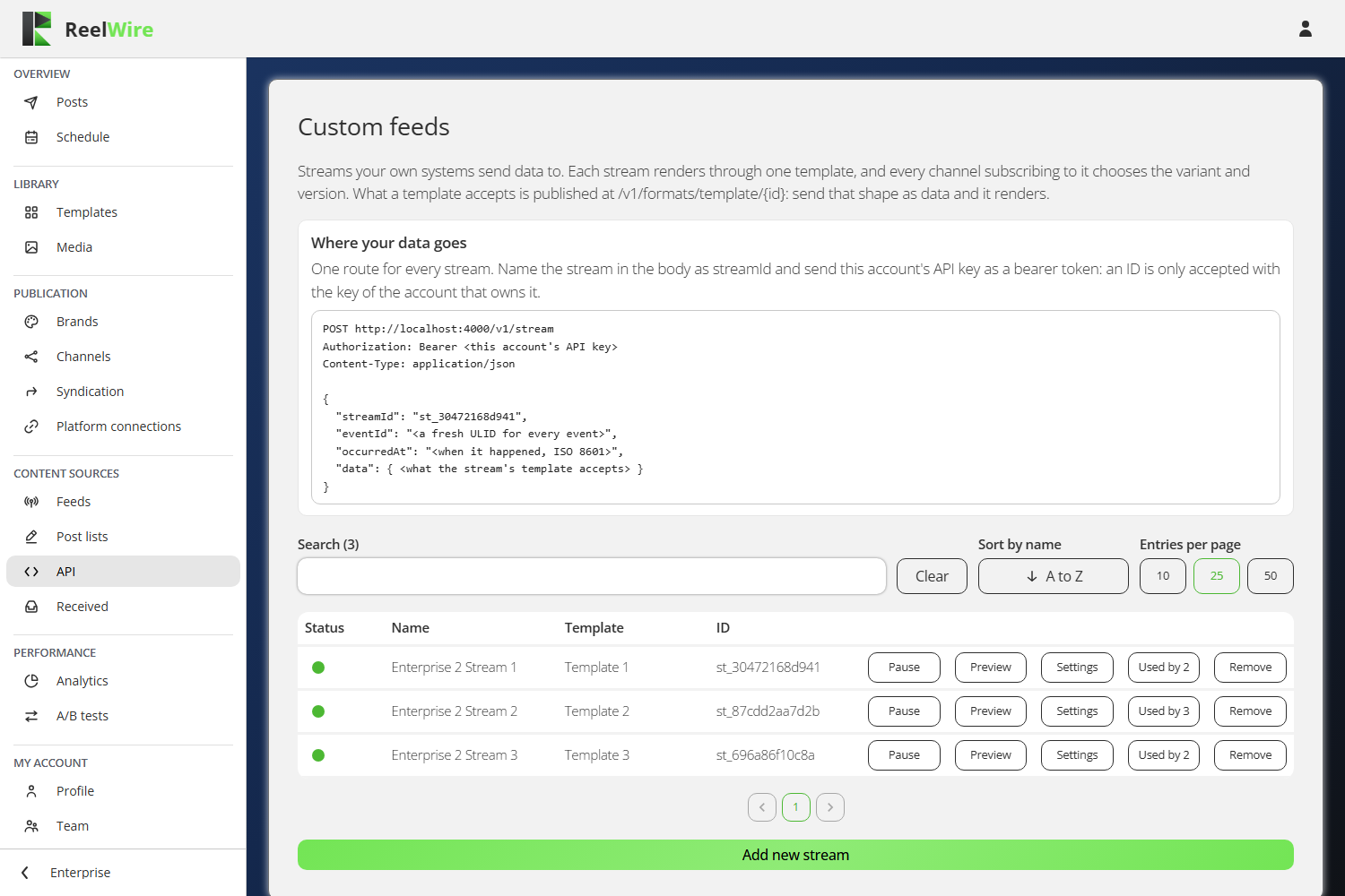 The Custom API screen