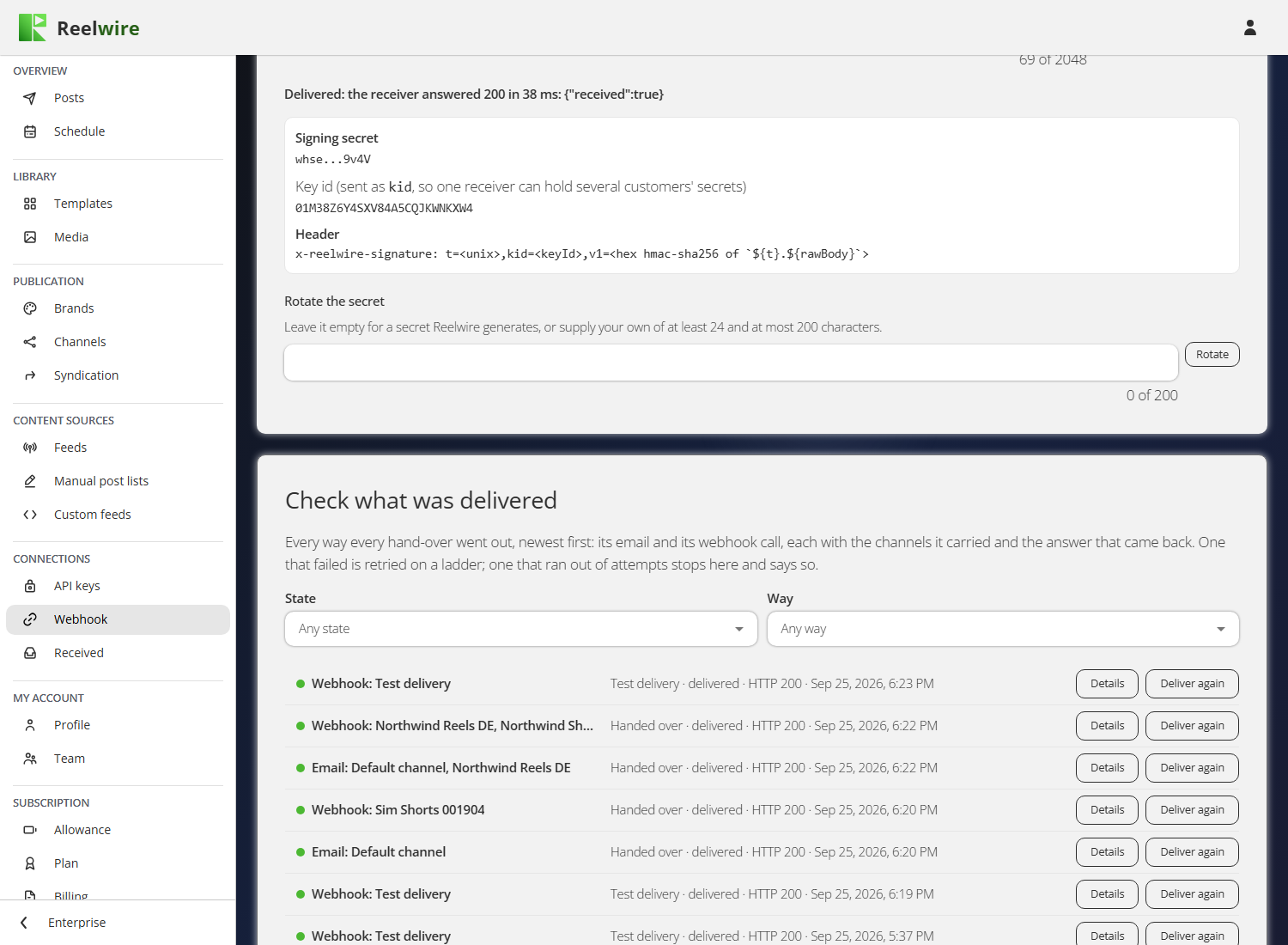 The webhook address and its signing secret, above the delivery log
