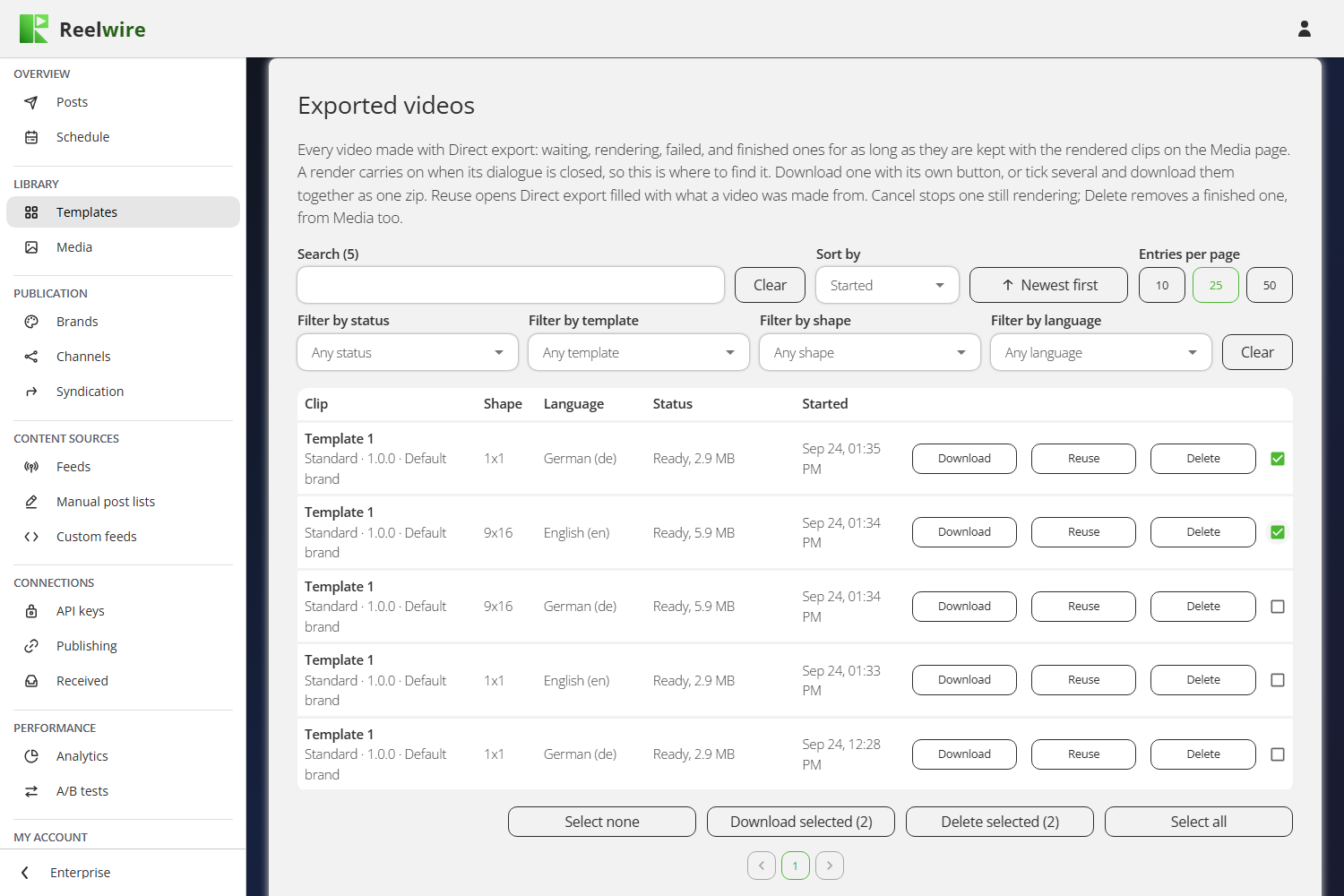 Exported videos under the Templates card