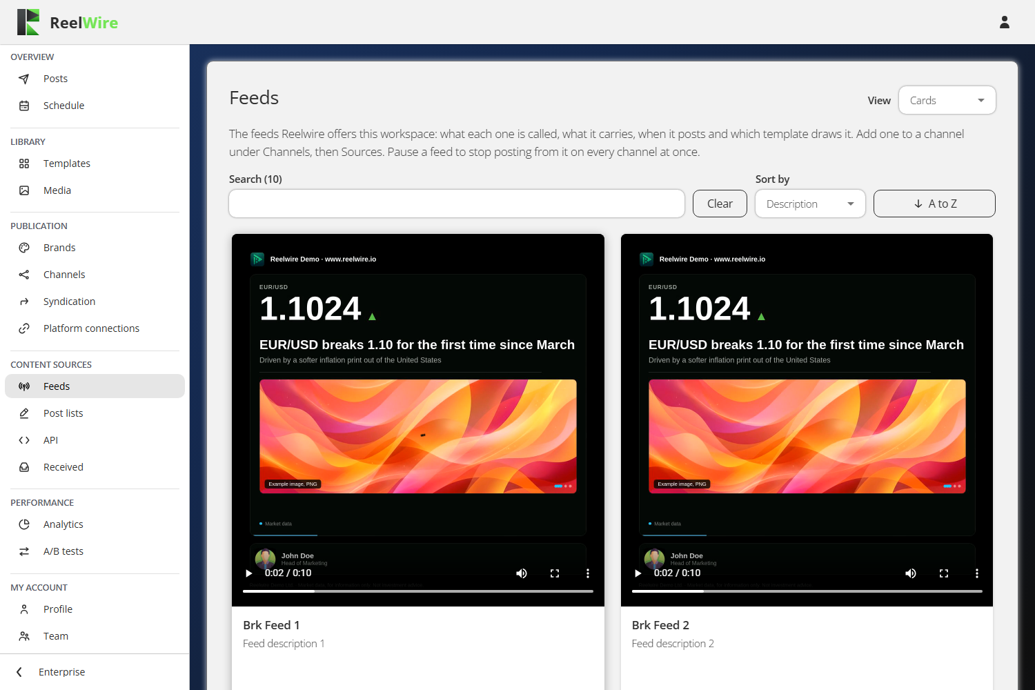 The Feeds screen in cards view