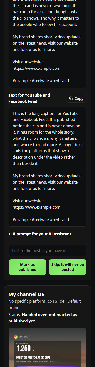 The post kit on a phone: the end of one channel's card, with its text, the link to the post, Mark as published and Skip, then the next channel's card