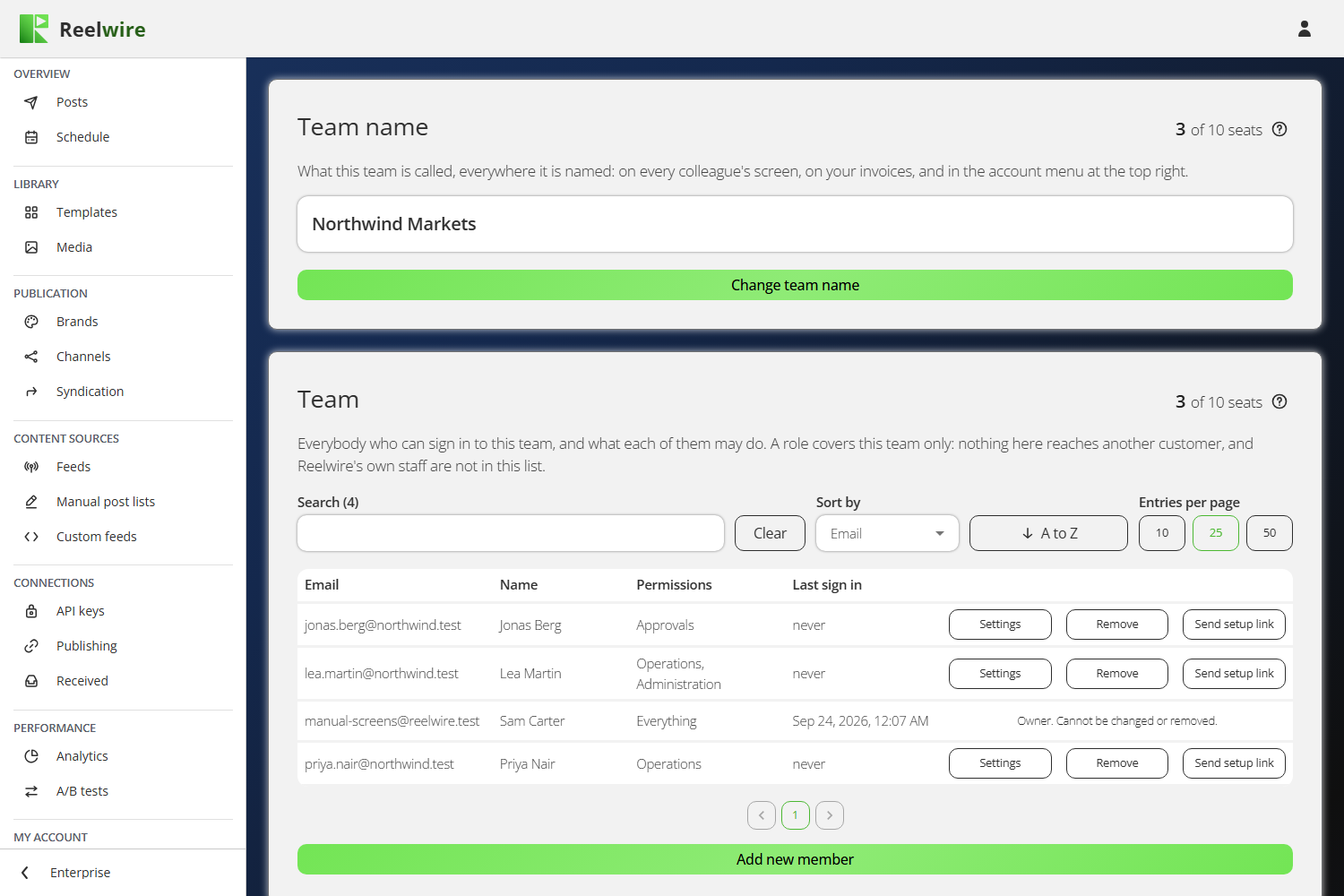 The Team screen