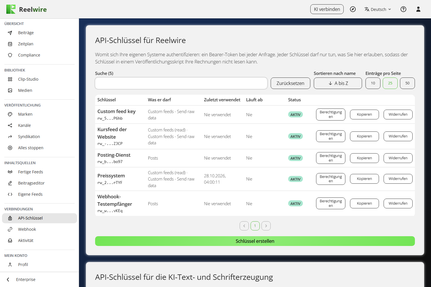 Die Karte API-Schlüssel für Reelwire