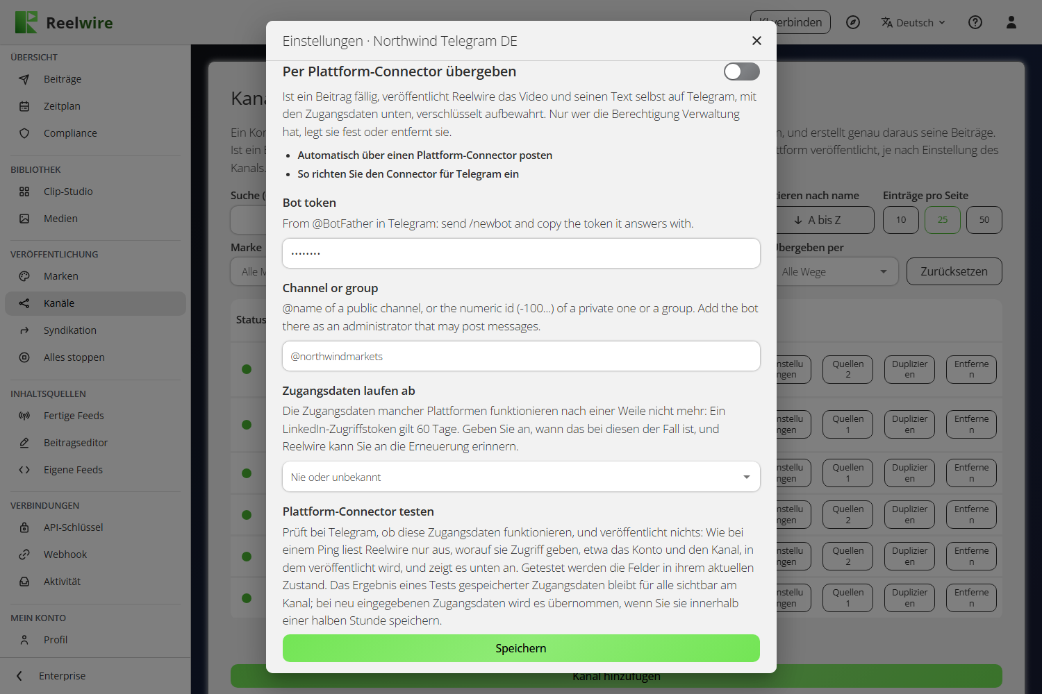 Der Abschnitt Plattform-Connector eines Telegram-Kanals