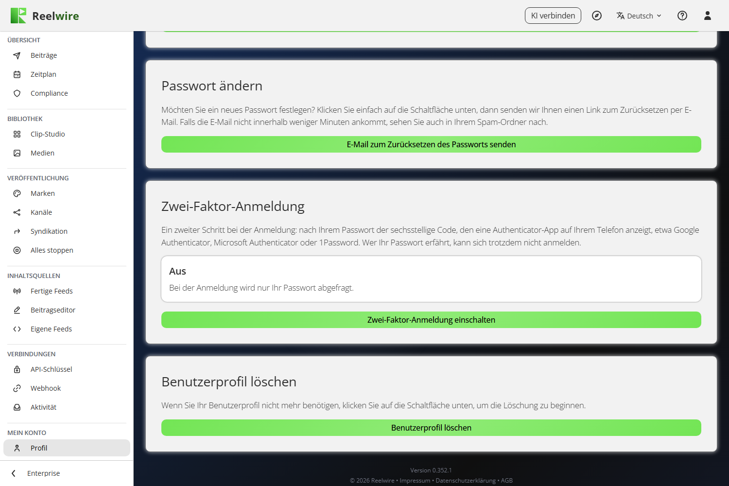 Die Karte Zwei-Faktor-Anmeldung unter Mein Konto, mit Zwei-Faktor-Anmeldung einschalten