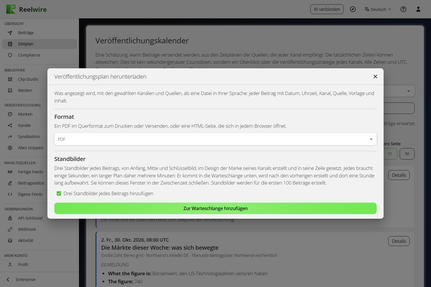 Der Dialog Veröffentlichungsplan herunterladen: PDF oder HTML-Seite und drei Standbilder jedes Beitrags angehakt