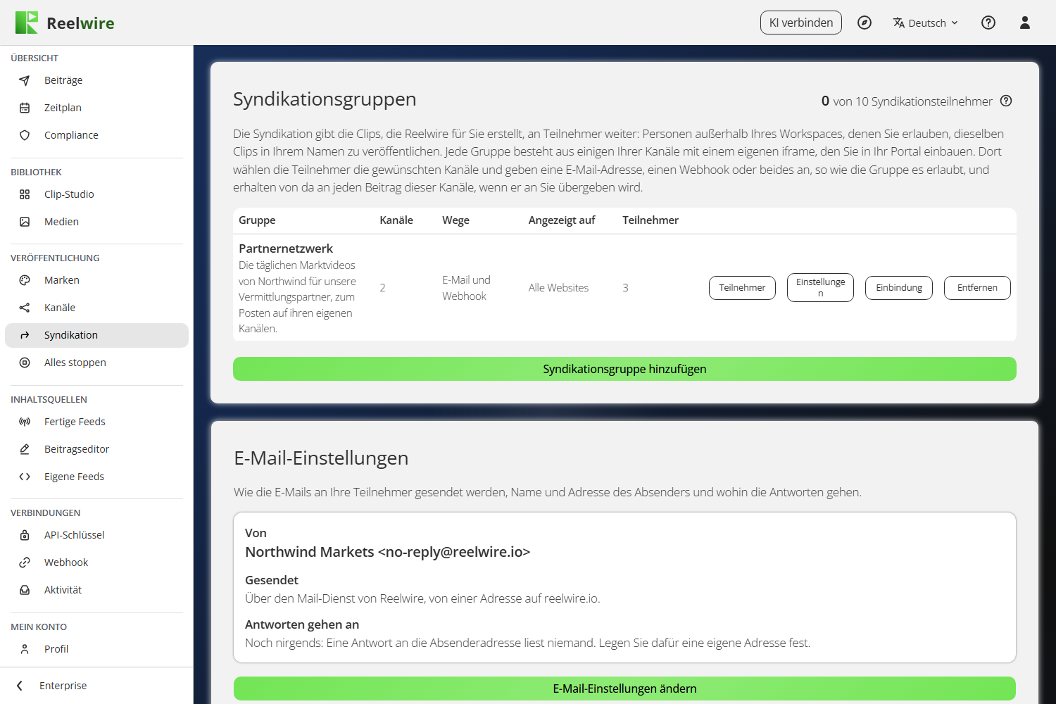 Die Seite Syndikation: die Karte Syndikationsgruppen mit einer Gruppe und darunter E-Mail-Einstellungen