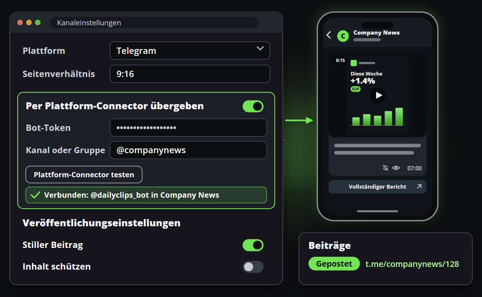 Der Telegram-Plattform-Connector eines Kanals mit Bot-Token und Chat, den Veröffentlichungseinstellungen, dem Beitrag, wie er im Telegram-Kanal erscheint, und dem als veröffentlicht markierten Beitrag mit seinem Link