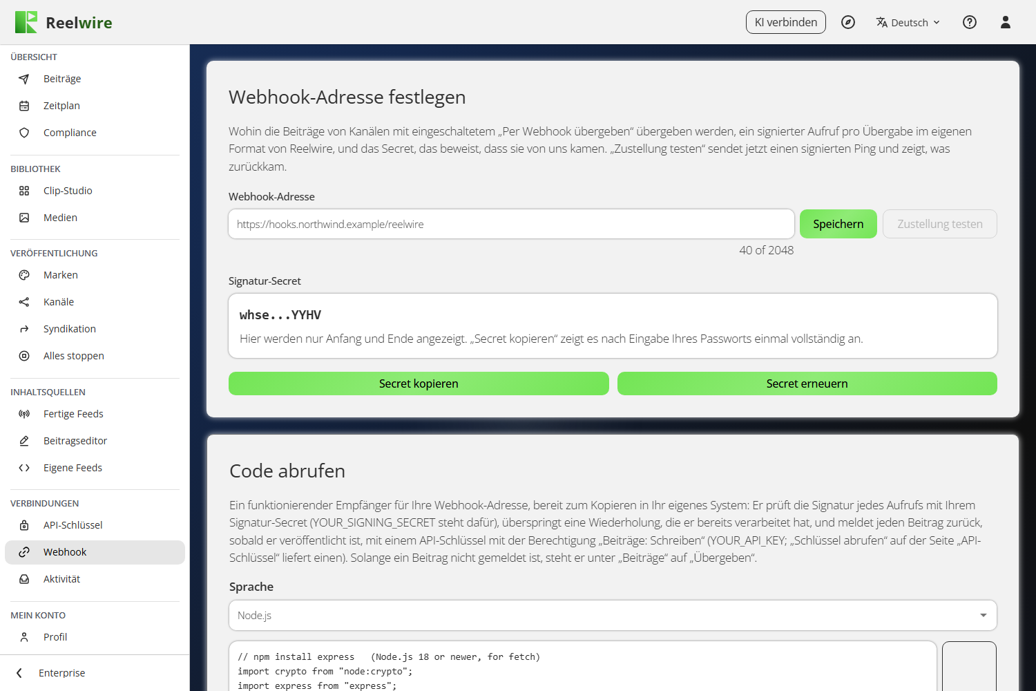Die Seite Webhook: die Adresse und das Signatur-Secret sowie Code abrufen