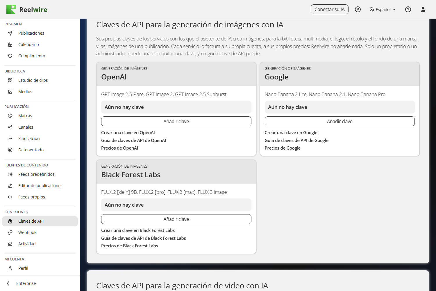 La tarjeta Claves de API para la generación de imágenes con IA