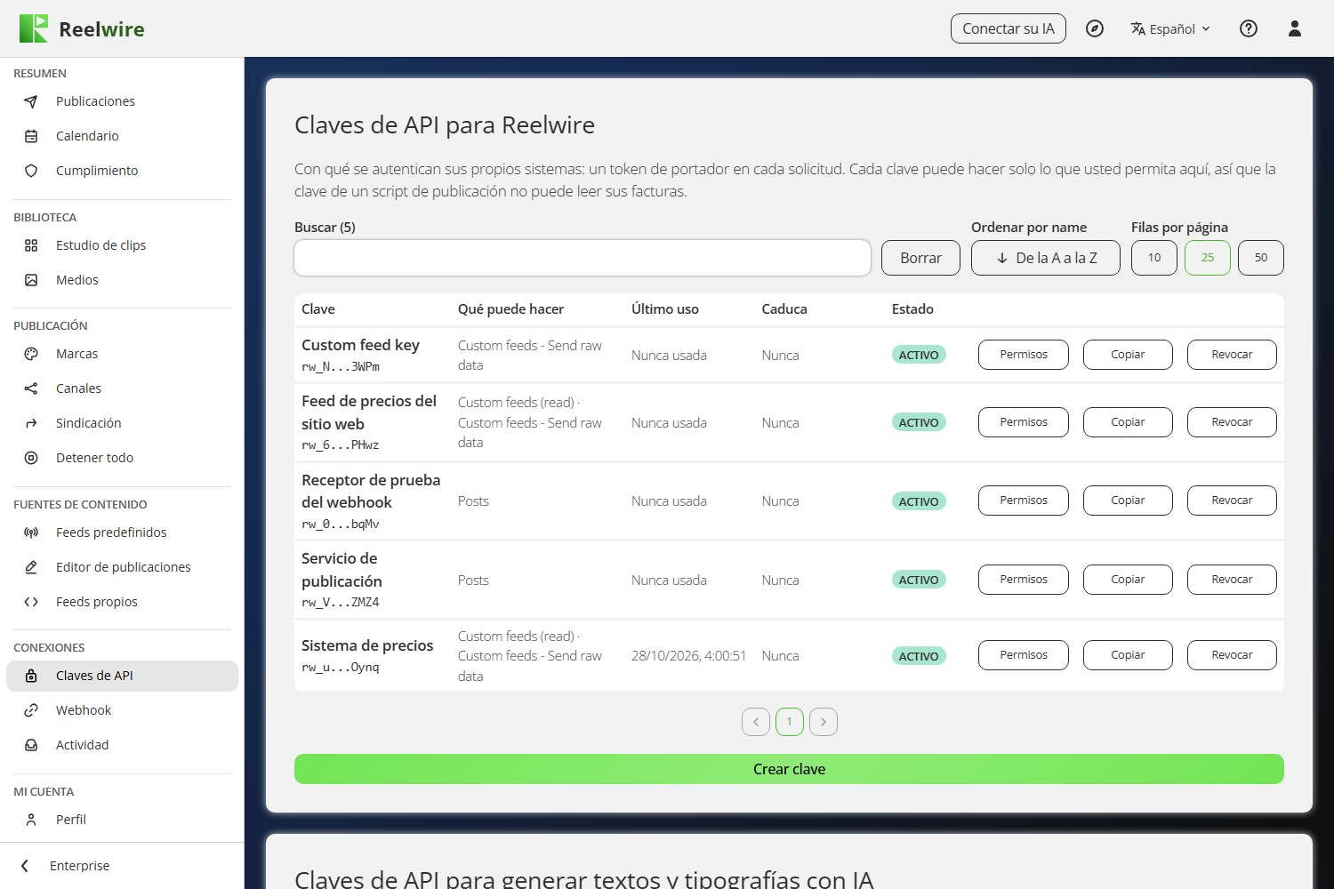 La tarjeta Claves de API para Reelwire