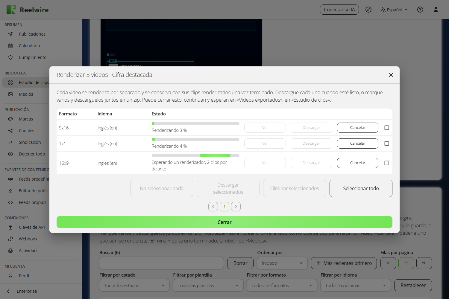 Varios videos renderizándose desde un Crear clip