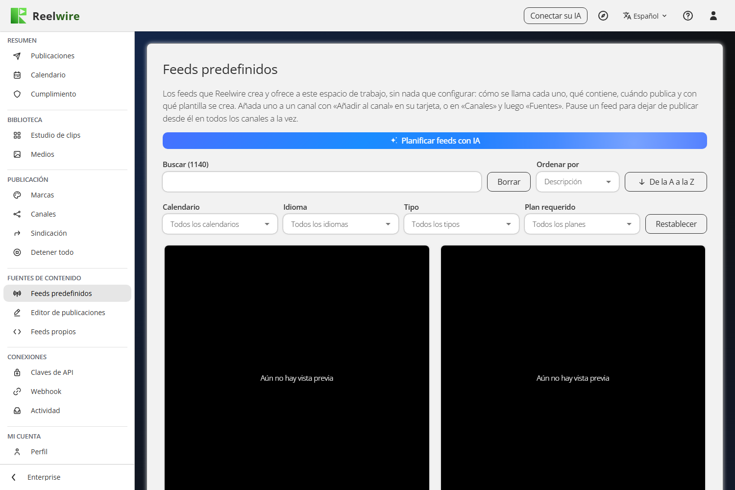 La pantalla Feeds predefinidos en vista de tarjetas