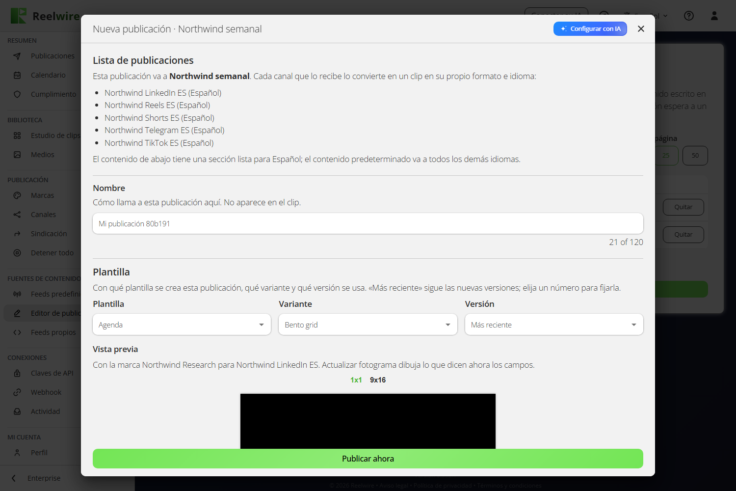 Nueva publicación: la lista de publicaciones y los canales que la reciben, el nombre de la publicación, su plantilla, variante y versión, y una vista previa con la marca de un canal receptor