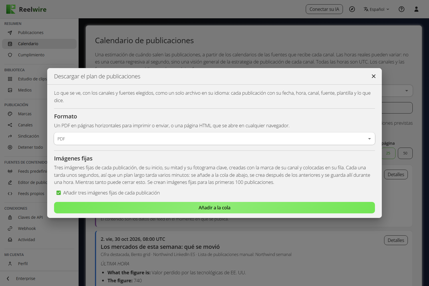 El diálogo Descargar el plan de publicaciones: PDF o página HTML, y tres imágenes fijas de cada publicación marcadas