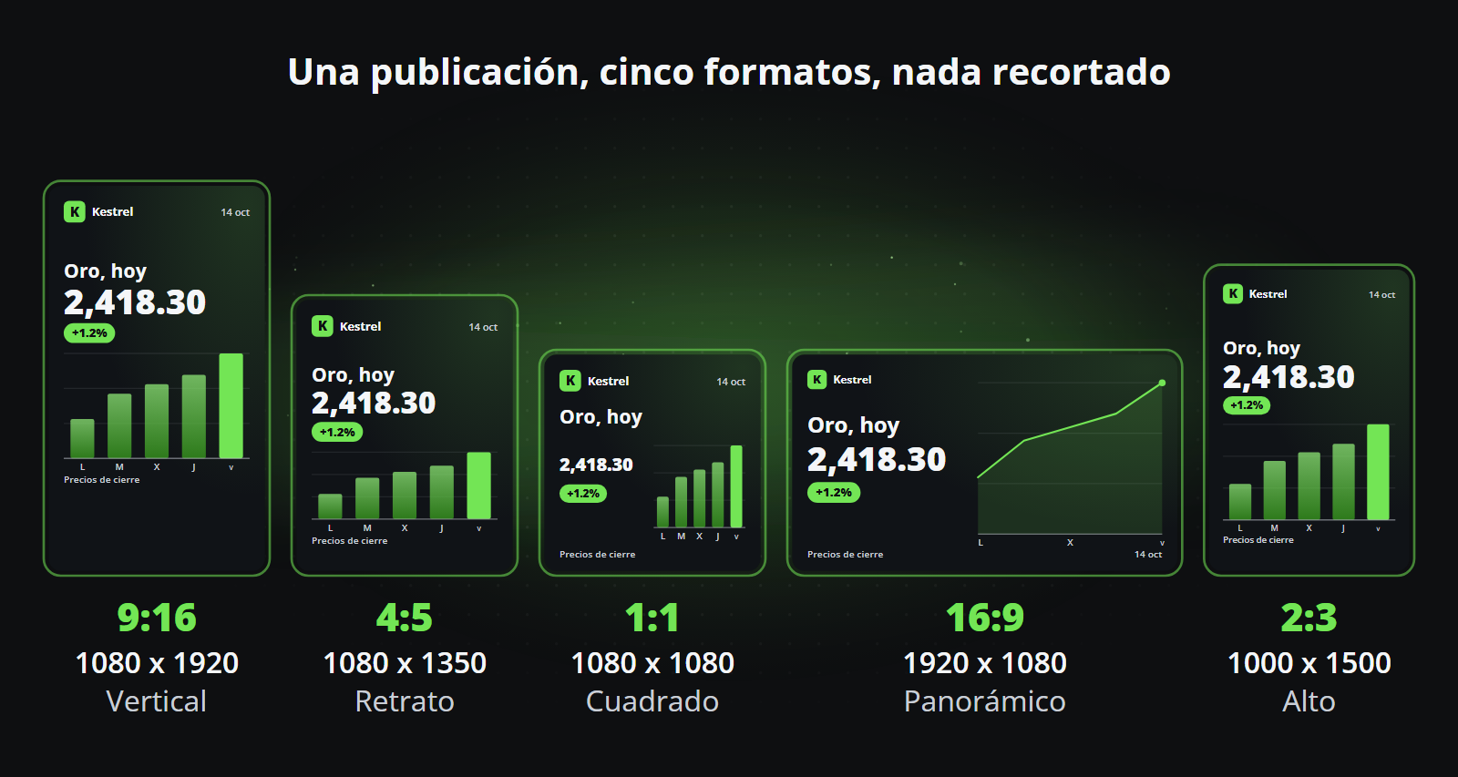 Una publicación en cinco formatos, 9:16, 4:5, 1:1, 16:9 y 2:3, cada una maquetada para su formato en lugar de recortada