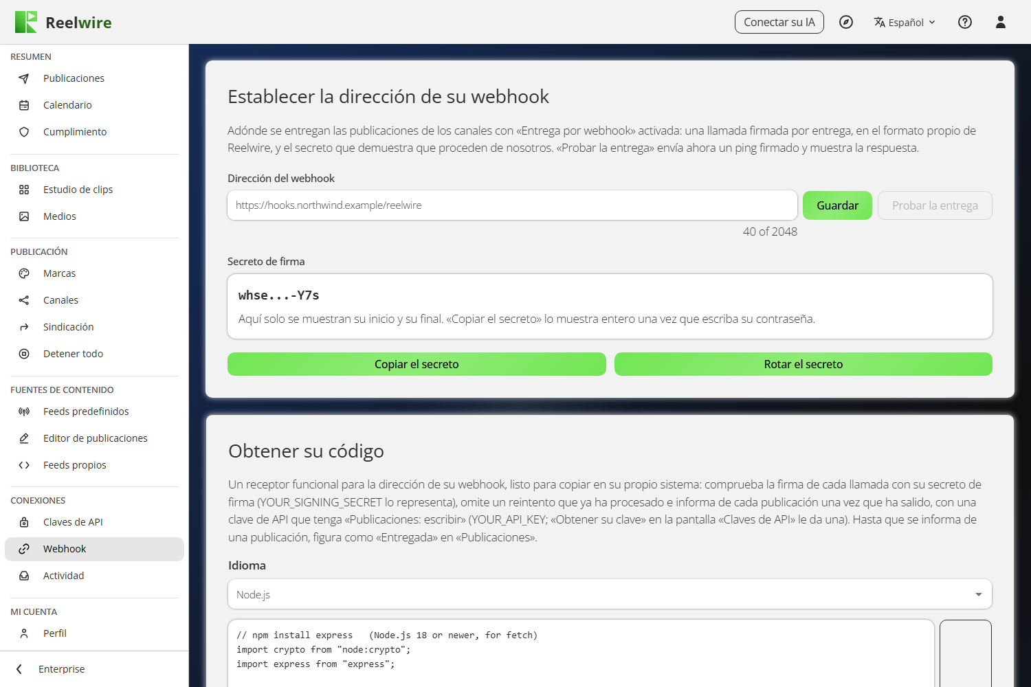La pantalla Webhook: la dirección y el secreto de firma, y Obtener su código